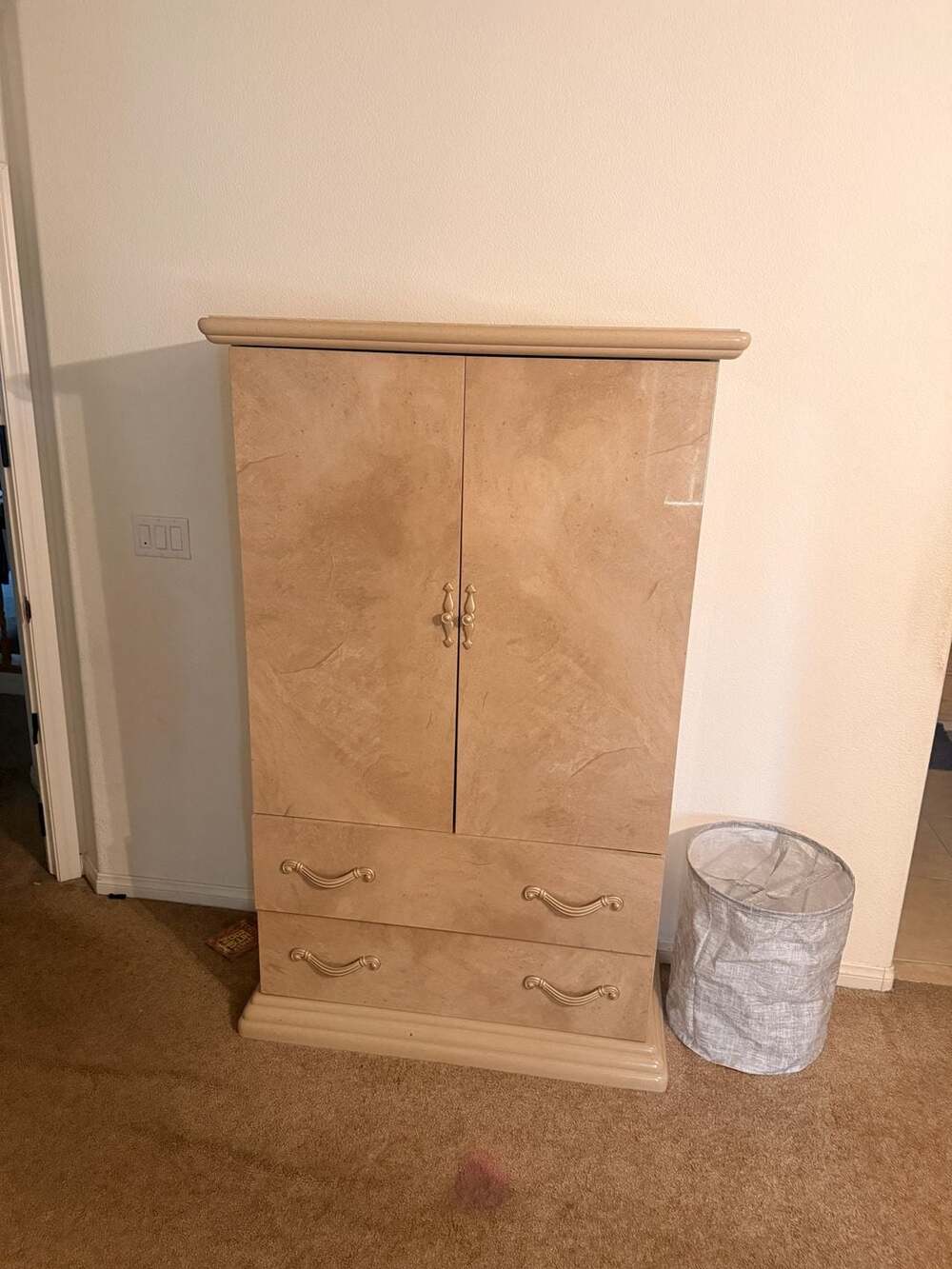Faux Marble Finish Armoire with Two Lower Drawers